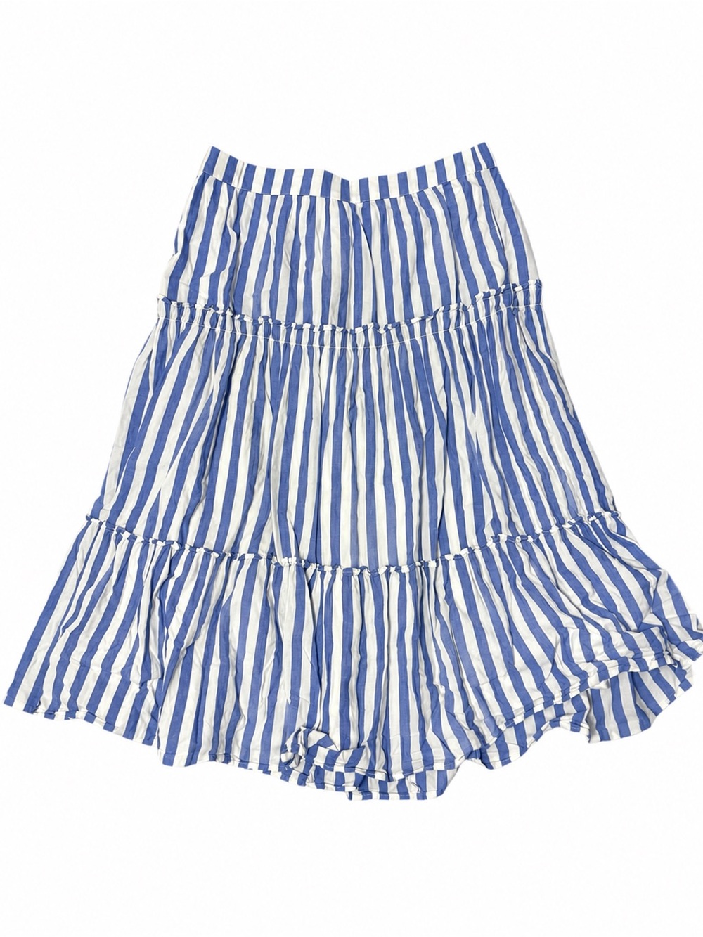 J.Crew Blue White Striped Tiered Maxi Skirt Size Large L 100% Cotton